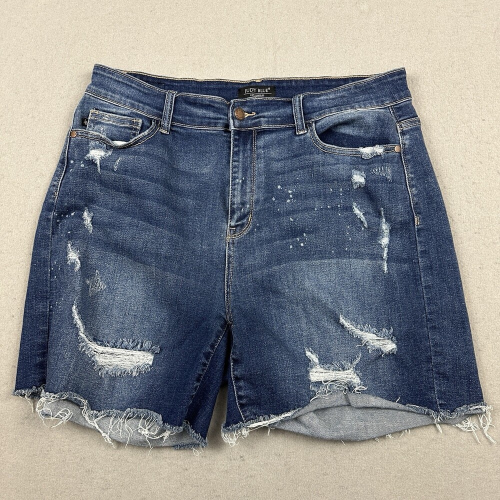 Judy Blue Jean Shorts Women 3XL Blue Distressed Paint Splatter Raw Hem Mid Rise